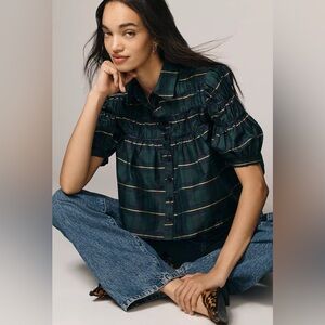 Anthropologie The Leandra Taffeta Shirred Yoke Blouse by Maeve Size M NWT